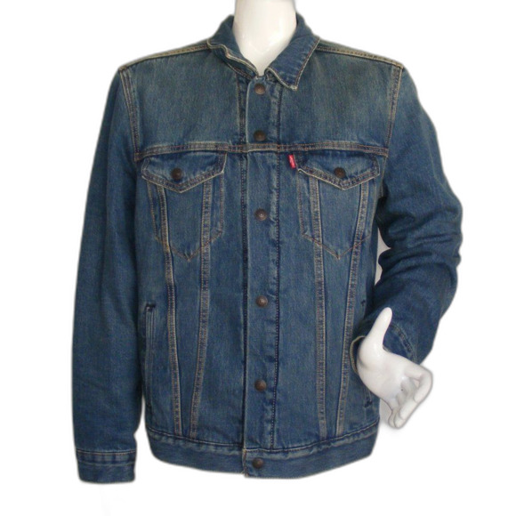 LEVI'S Denim Jacket, M, Blue, Gray Sherpa Lined, Snap front, 4 pockets, Trucker - Picture 1 of 14